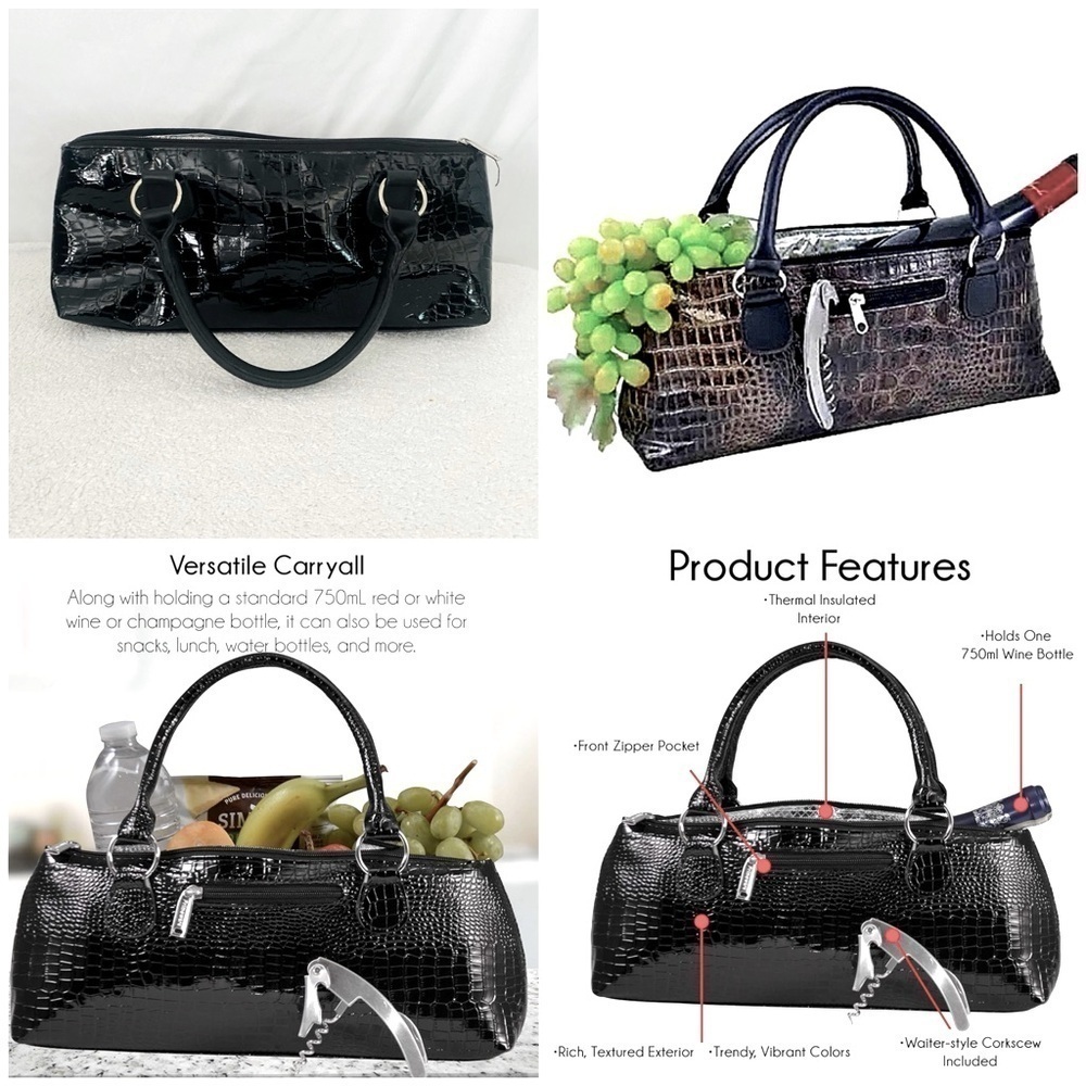 Insulated Wine Bottle Carrying Purse Faux Alligator Skin Black Bottle Opener Inc